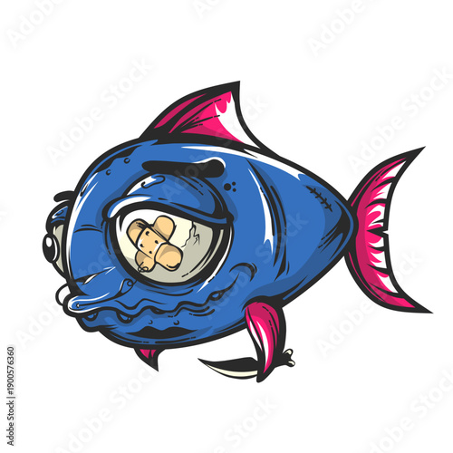 A cartoon blue fish with a bandaged eye and pink fins on a white background