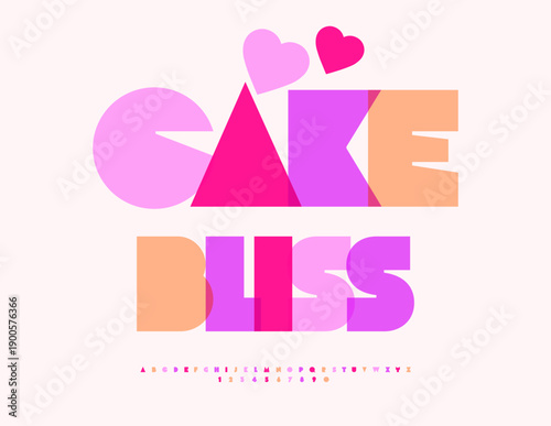 Vector Artistic sticker Cake Bliss for Cafe and Shop. Watercolor Transparent Font. Colorful Alphabet Letters and Numbers set.
