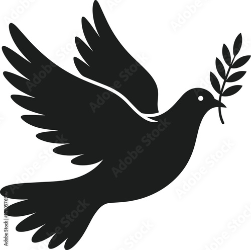 Black silhouette of a dove bird with a green leaf branch in its beak flying against a white background