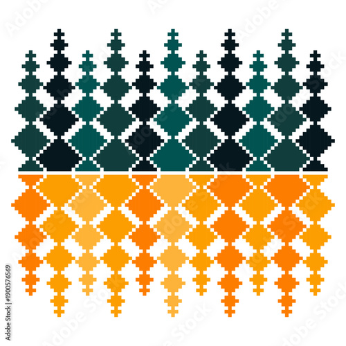 Geometric pixel pattern inspired by traditional weaving. Green and orange tones create a bold textile design, perfect for fabric patterns, embroidery, knitting, or decorative crafts.