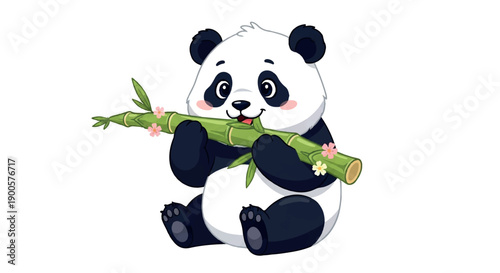 Happy panda eating bamboo with transparent background