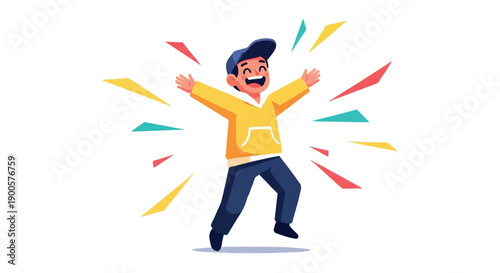 Joyful man jumping with celebratory bursts