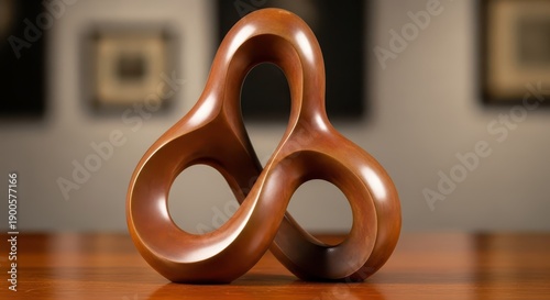 Smoothly polished wooden sculpture displays an infinite loop shape resting on a reflective surface