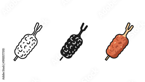 Three different colored corn dogs on sticks Vector