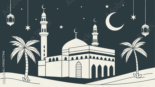Minimalist mosque illustration with palm trees and moon