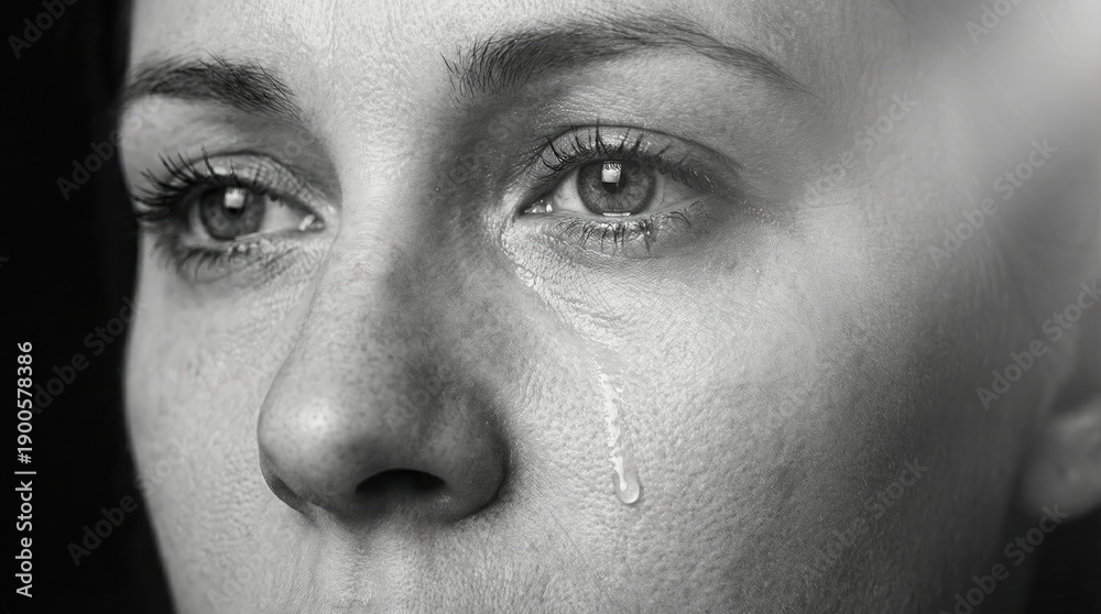 Obraz premium Black and white portrait of woman in tears concept. A close-up portrait capturing deep emotion and sorrowful expression.