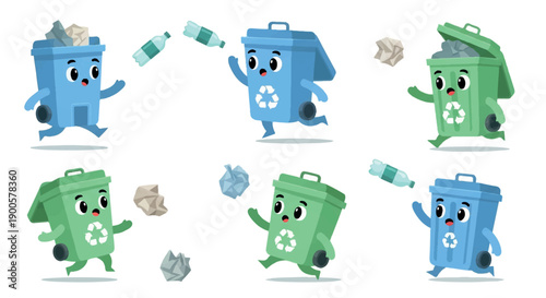 Recycling bins running with trash and bottles