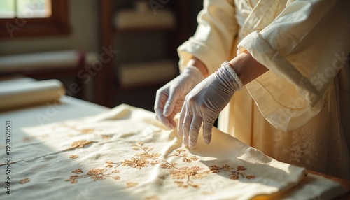 Expert conservator handles fragile silk kimono fabric with embroidered floral pattern. Gentle hands in white gloves inspect delicate textile for restoration and preservation in workshop.