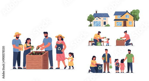 Family gardening and recycling activities in a neighborhood