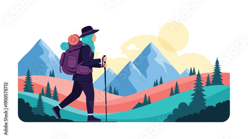 Adventurous Muslim woman wearing a hijab and hat, carrying a large backpack and using hiking poles, exploring a beautiful mountainous landscape.