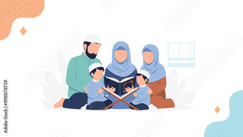 Loving Muslim family sitting together, focused on reading the Holy Quran from a traditional rehal, embodying spiritual education and togetherness.