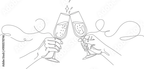 Continuous line art illustration of two hands clinking champagne flutes in a toast.