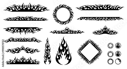 Collection of Fiery Flame Tribal Style Graphic Elements and Borders for Design