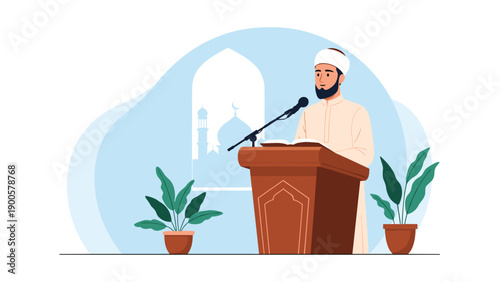 Muslim Imam with a beard, wearing a kufi, delivering a spiritual sermon from a podium with a microphone inside a peaceful mosque.
