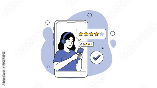 Smiling woman wearing headphones, holding a smartphone with star ratings and chat bubbles, representing positive customer feedback and app reviews.