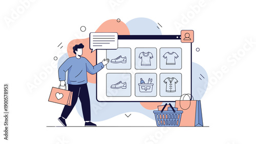 Enthusiastic man with shopping bags browsing a comprehensive online store interface, exploring various product categories like shoes and clothing.