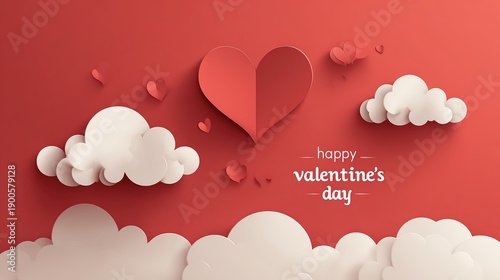 Valentine’s Day Red Paper Cut Heart Cloud Vector Card Template with White Text, Flat Minimalist Social Media Banner Design

