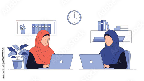 Two diligent Muslim women wearing hijabs, focused on their work at separate desks with laptops, representing productivity in a modern office.