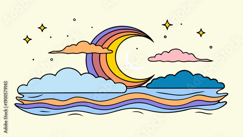 Vibrant rainbow over calm ocean with clouds