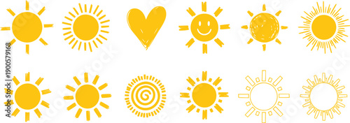 Hand-drawn yellow sun icons and a heart doodle collection on white background.