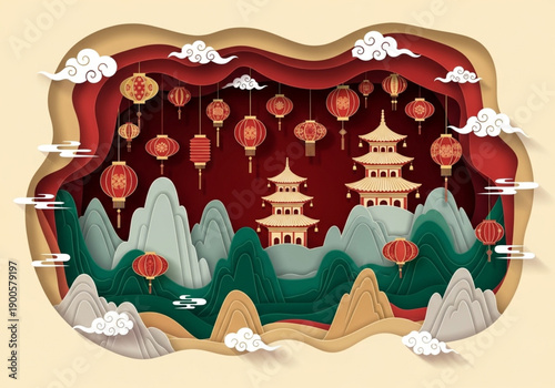 Stunning Paper Cut Design Festive Asian Landscape with Pagodas, Mountains, and Hanging Lanterns