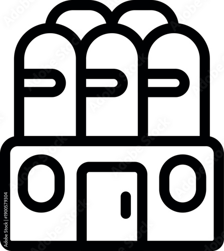 Line drawing of a grain elevator storing harvested crops in agricultural silos, symbolizing food production and storage