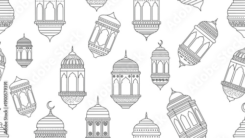 Intricate seamless pattern featuring various Islamic lanterns and elegant mosque domes in outline style, ideal for Ramadan and Eid decorations.