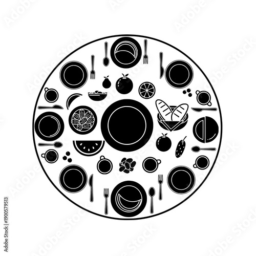 Minimal Iftar table top view flat lay icon black vector set on white background