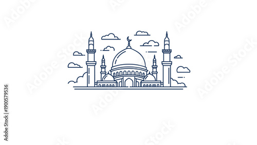 Minimalist outline illustration of a majestic mosque with elegant domes and towering minarets, set against a backdrop of clouds.