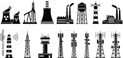 Industrial silhouettes set with factories, power plants, oil rigs, lighthouses and telecommunication towers isolated on white vector illustration