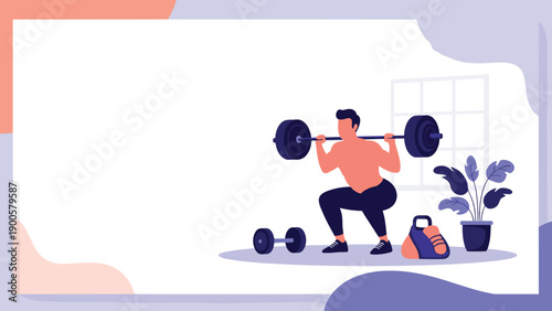 Strong man performing intense barbell squats indoors, with dumbbells and a gym bag nearby, symbolizing a dedicated home workout routine.