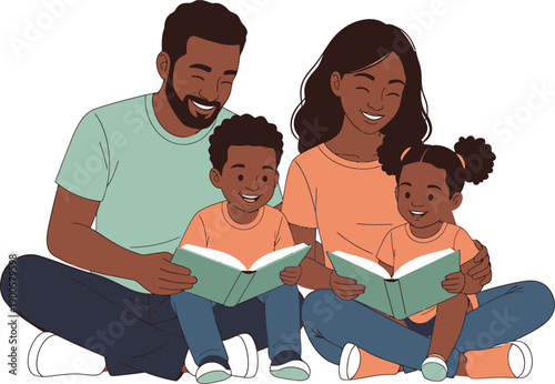 Happy African American family enjoying reading books together on a white background
