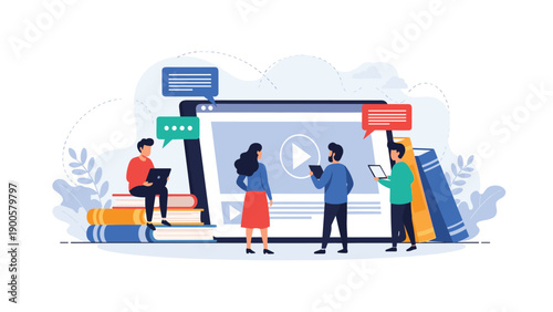 Diverse group of individuals gathered around a large screen displaying a video player, symbolizing collaborative online education and digital learning.