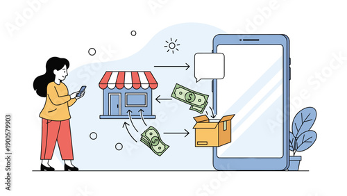 Woman holding a smartphone, observing money flowing from a shop to a box and then to her phone, symbolizing online payments and cashback rewards.