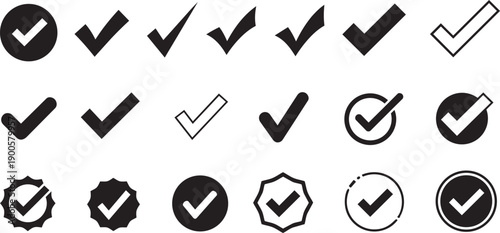 Black checkmark icons, vector check marks, ticks and verified symbols, for website, app, UI, branding, or marketing materials, isolated on transparent background, png