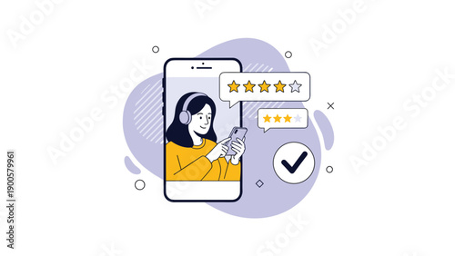 Smiling woman wearing headphones, holding a smartphone with star ratings and chat bubbles, representing positive customer feedback and app reviews.
