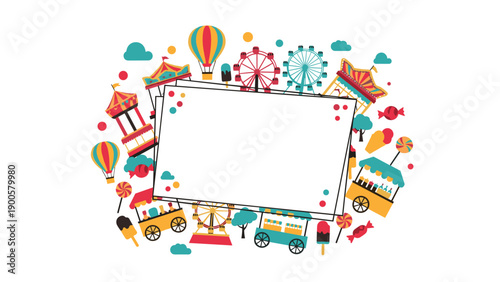Playful frame design bordered by a vibrant collection of amusement park elements, including Ferris wheels, carousels, and food stalls.