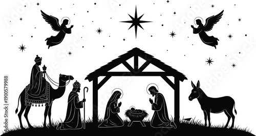Nativity scene silhouette with Mary, Joseph, baby Jesus, angels, shepherd, wise men and star of Bethlehem vector illustration