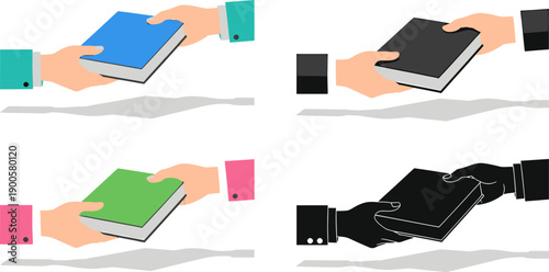 Hands exchanging books, illustrating concepts of education, knowledge, and sharing in vector style.