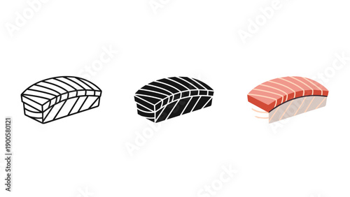 Three sushi pieces in different illustration styles on white background Vector
