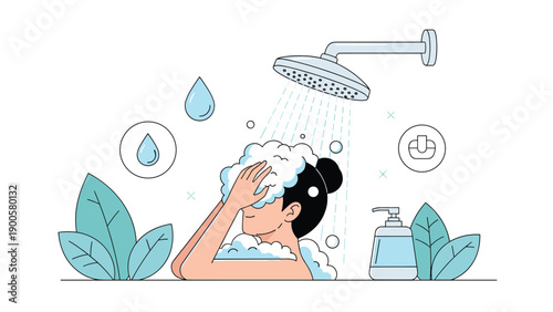 Refreshing illustration of a woman enjoying a shower, washing her hair, surrounded by soap and shampoo, symbolizing personal hygiene.