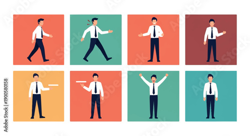 Business man poses in various actions on colored backgrounds