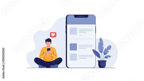 Casual man sitting cross-legged, engrossed in his smartphone, with a large mobile phone displaying a content feed and heart icon, symbolizing social media engagement.