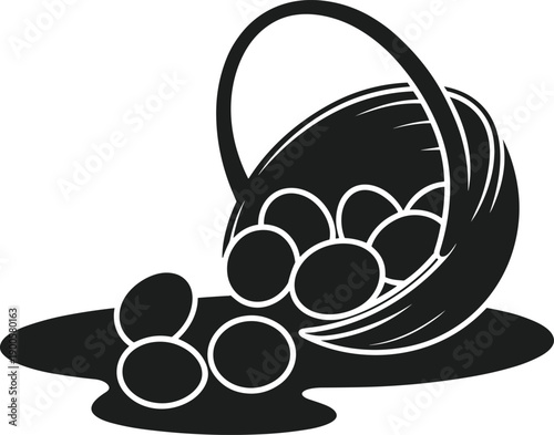 Black silhouette of a basket overflowing with eggs spilling onto a surface food