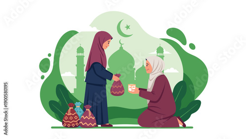 Generous Muslim woman wearing a hijab giving a thoughtful gift to another kneeling woman, showcasing kindness and community charity.