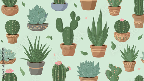 Charming seamless pattern featuring a diverse array of potted cacti and succulents on a light green background with falling leaves.