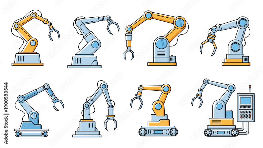 Obraz premium Diverse collection of eight modern industrial robot arms, showcasing various designs and poses, symbolizing automation and advanced manufacturing.