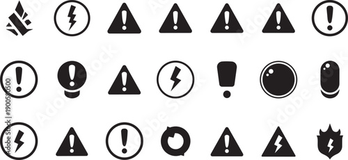 Warning signs and symbols set, hazard icons, danger symbols, alert signs, exclamation marks, warning labels, safety icons, Vector