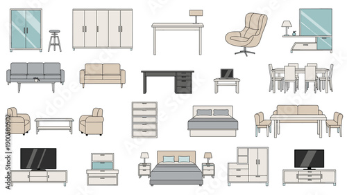 Comprehensive collection of diverse home and office furniture pieces, including sofas, beds, desks, and wardrobes, rendered in a colorful outline style.