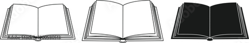 Three Open Books Vector Illustration Set with Outline and Solid Silhouette Styles